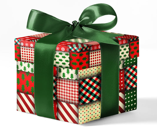 A gift wrapped in custom wrapping paper with a geometric pattern, predominantly in red and green, tied with a green ribbon.
