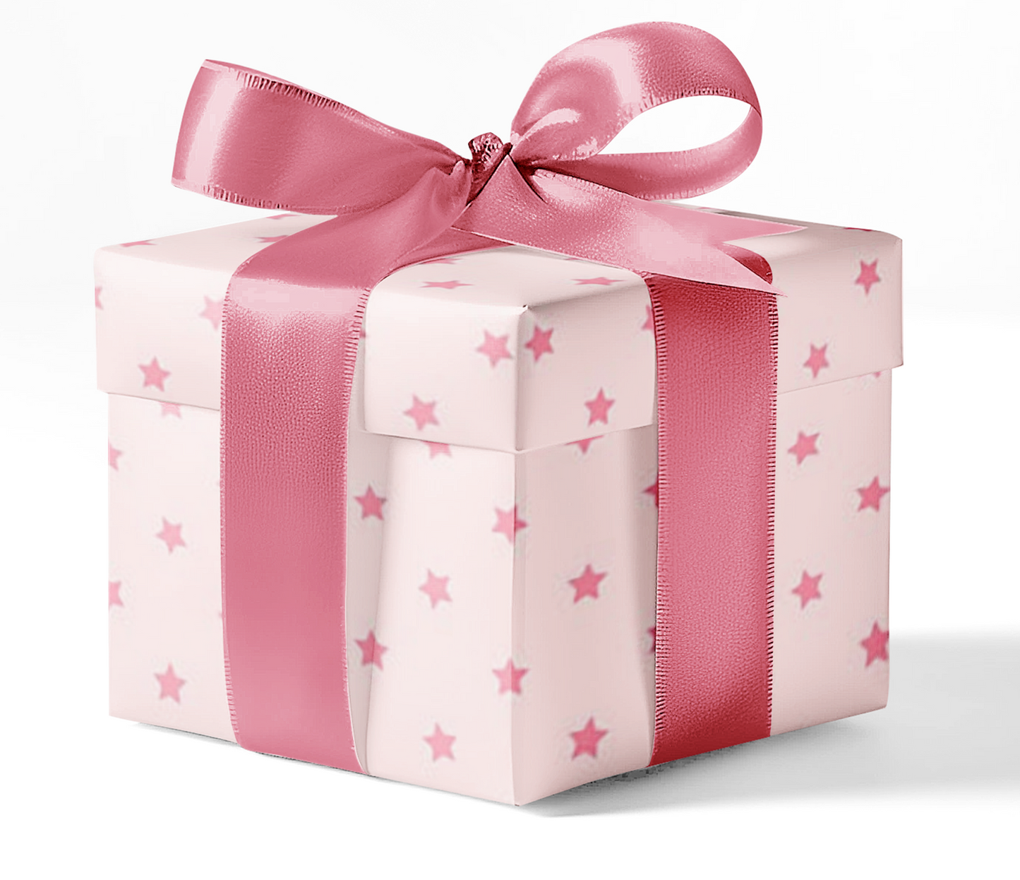 A gift box wrapped in pink wrapping paper with a stars pattern and tied with a pink ribbon.