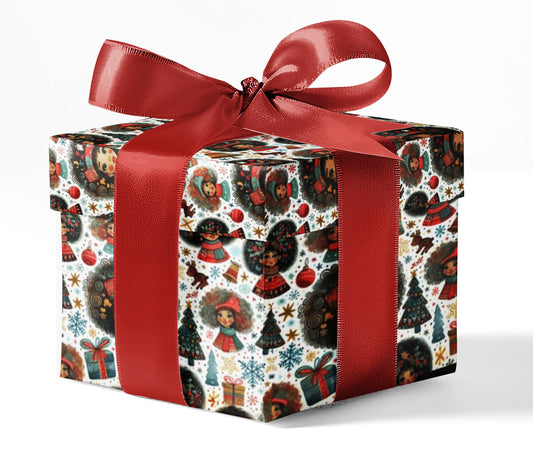 A gift box wrapped in custom wrapping paper with a pattern of diverse characters and Christmas-themed elements, tied with a red ribbon.