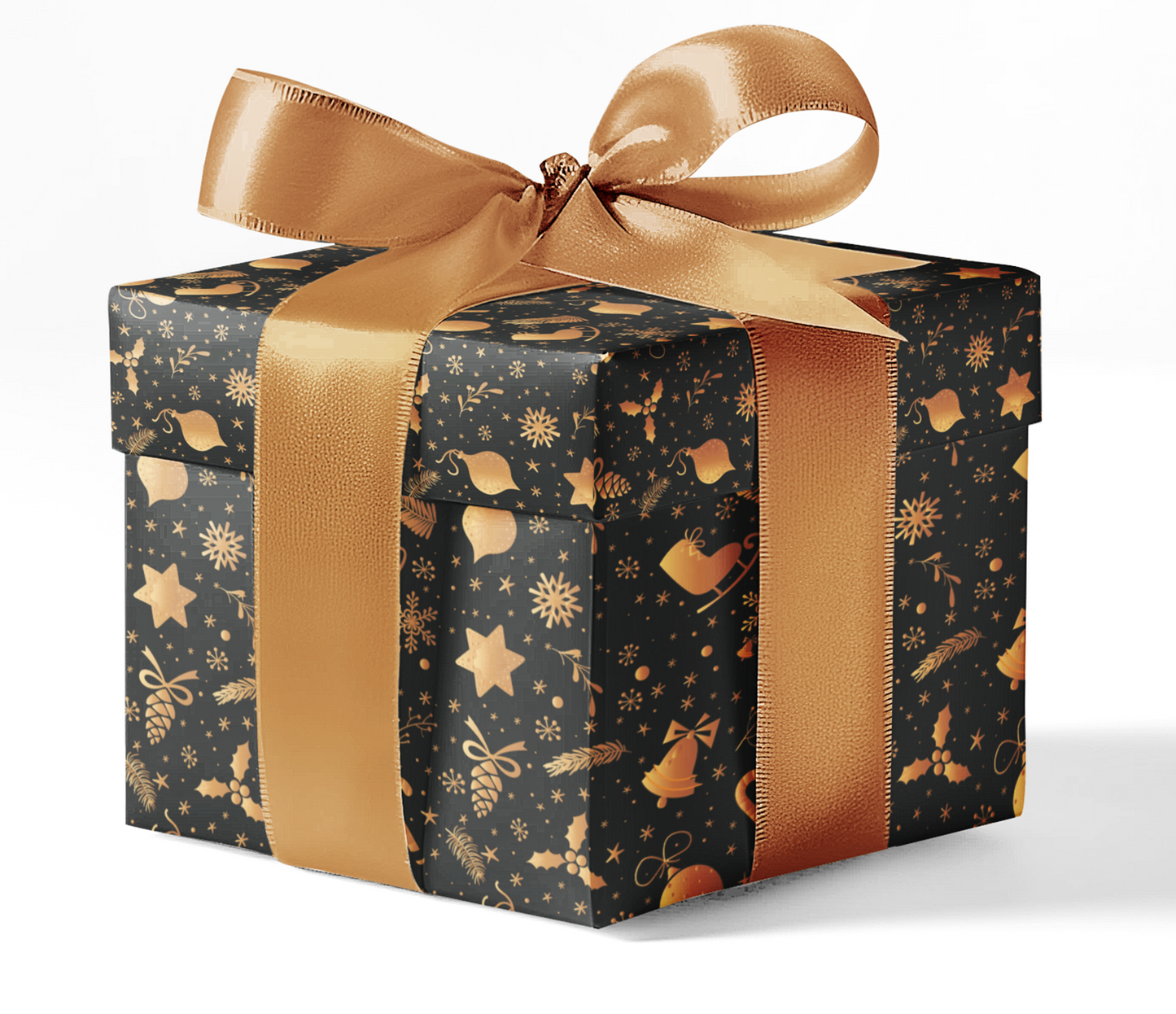 A gift box wrapped in black and gold custom wrapping paper with a satin ribbon.
