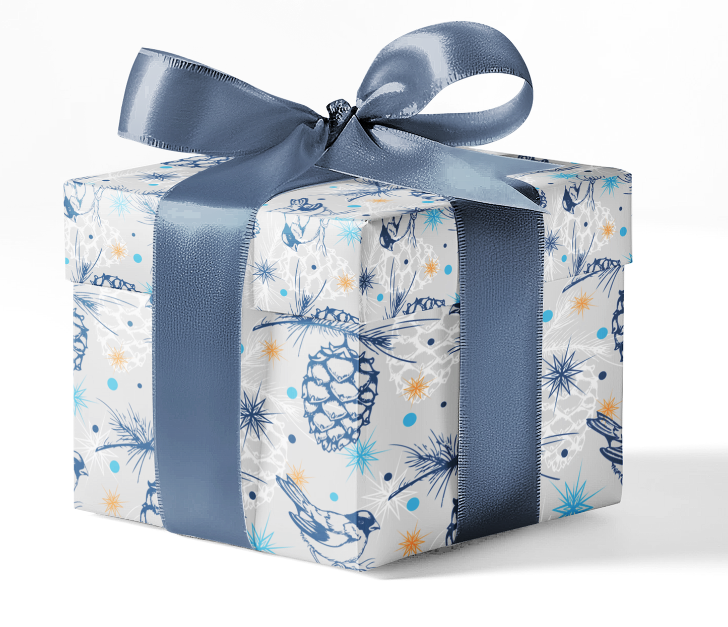 A gift box wrapped in custom wrapping paper with a blue ribbon. The wrapping paper features a pattern with birds and abstract designs.