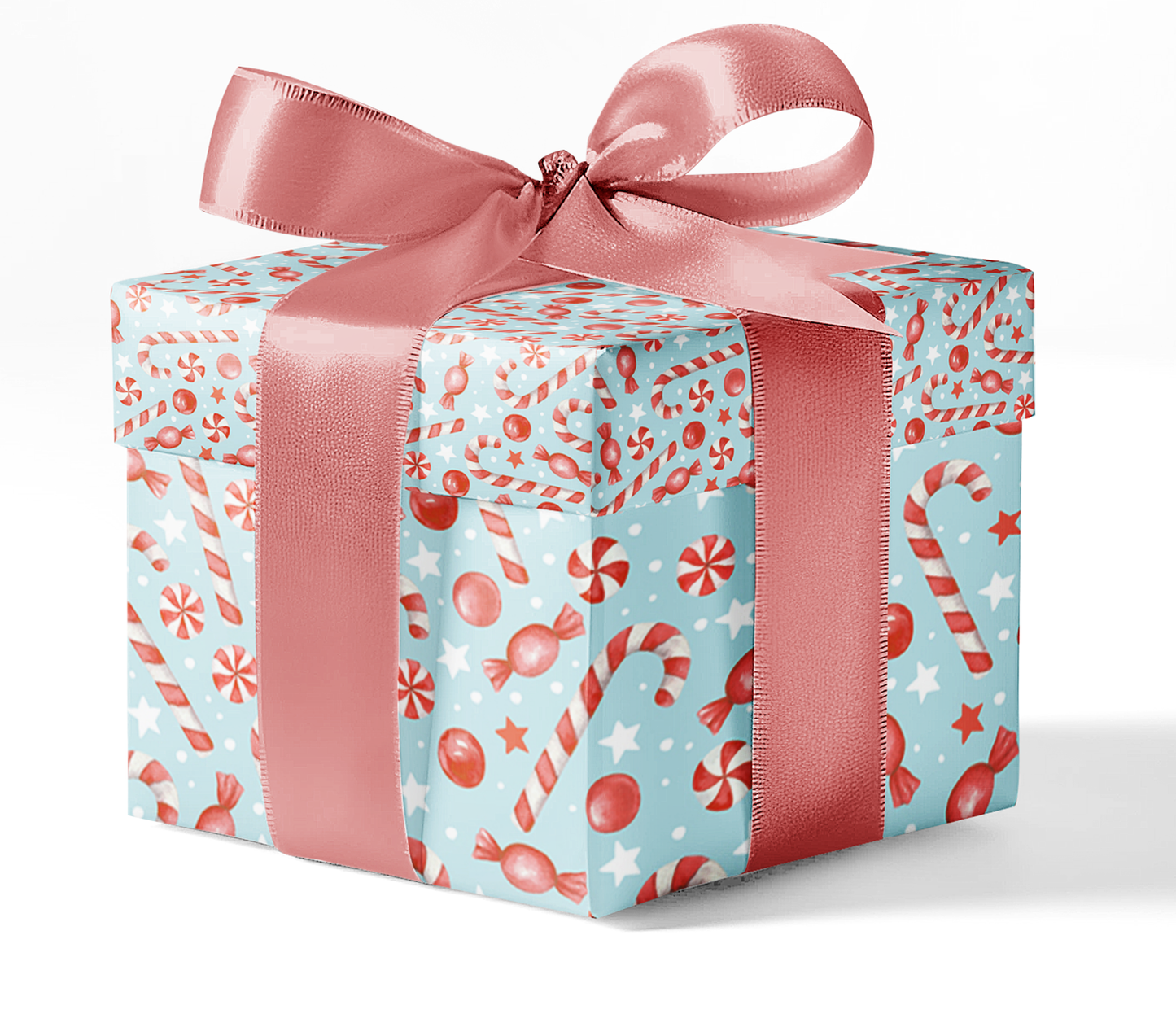 A gift box wrapped in custom wrapping paper with a blue and red candy pattern, tied with a pink ribbon.