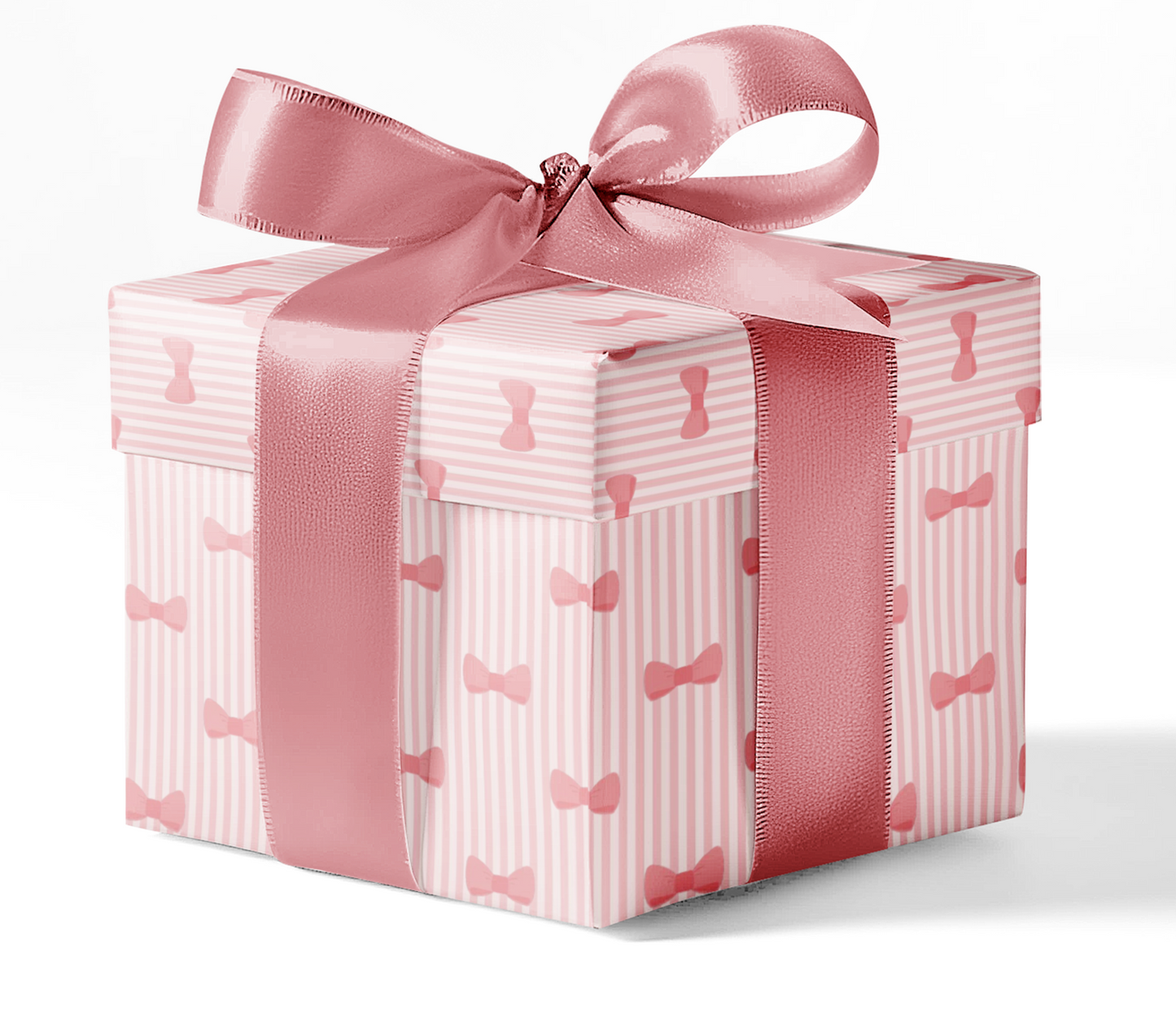 A gift box wrapped in pink striped wrapping paper with a bow.