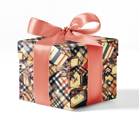 A gift box wrapped in custom Burberry pattern wrapping paper with a pink ribbon.