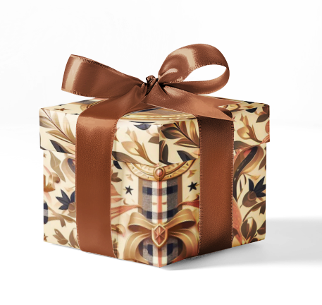 A gift box wrapped in custom Burberry ornate pattern wrapping paper with a brown ribbon.
