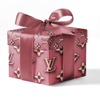 A gift box wrapped in custom Louis Vuitton pink metallic pattern wrapping paper with a pink ribbon.