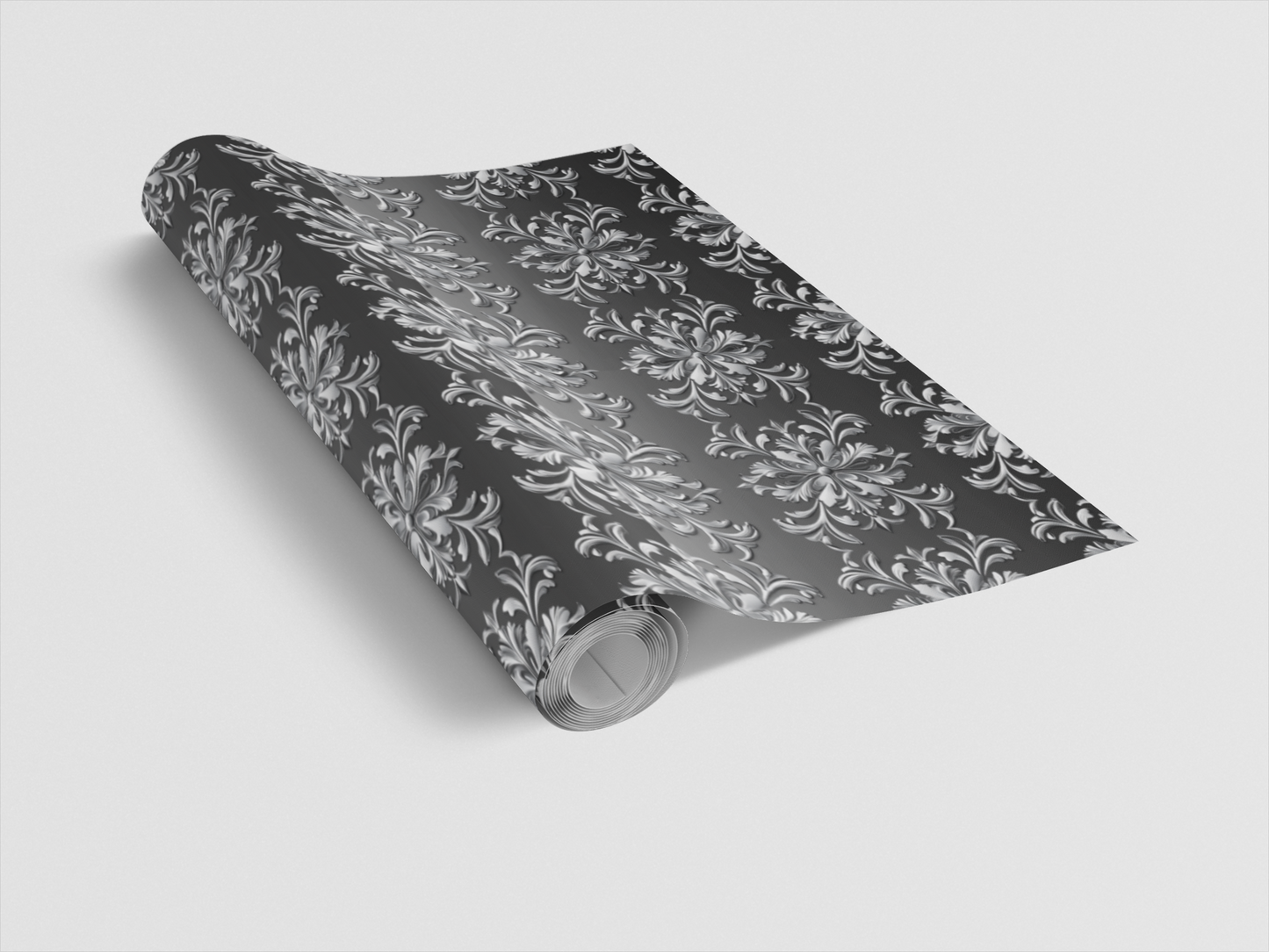 Roll of wrapping paper with colorful pattern on a white background