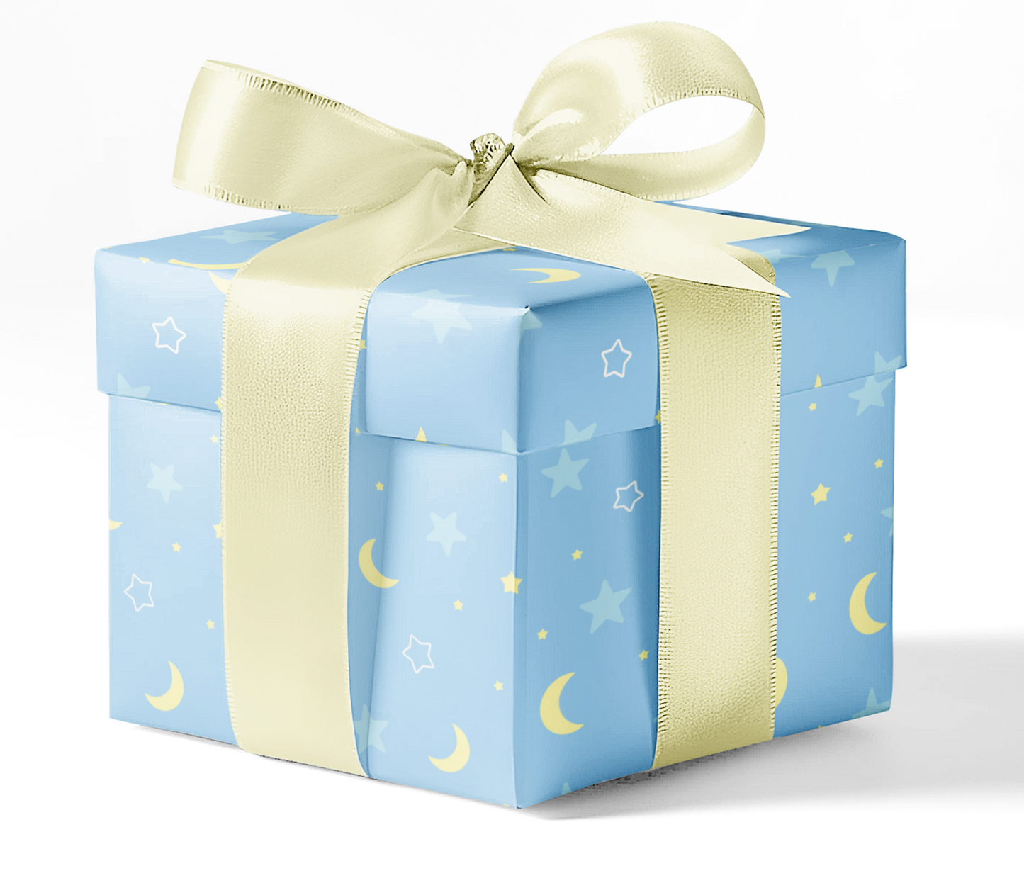 A gift box wrapped in blue custom wrapping paper with a pattern of moons and stars, tied with a yellow ribbon.