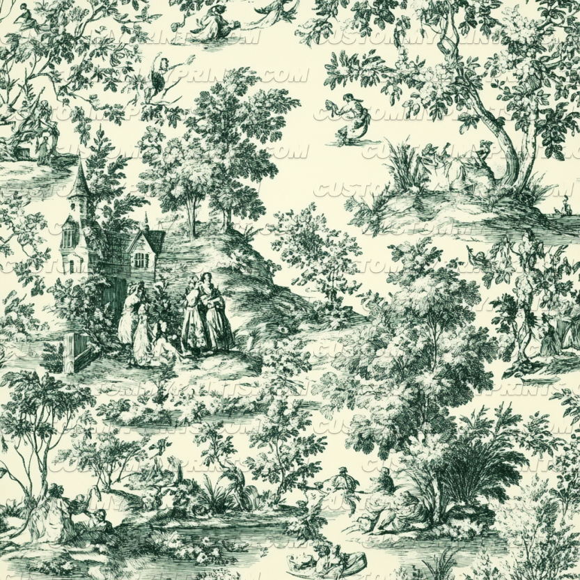 Vintage-style landscape pattern with people and nature on a beige background
