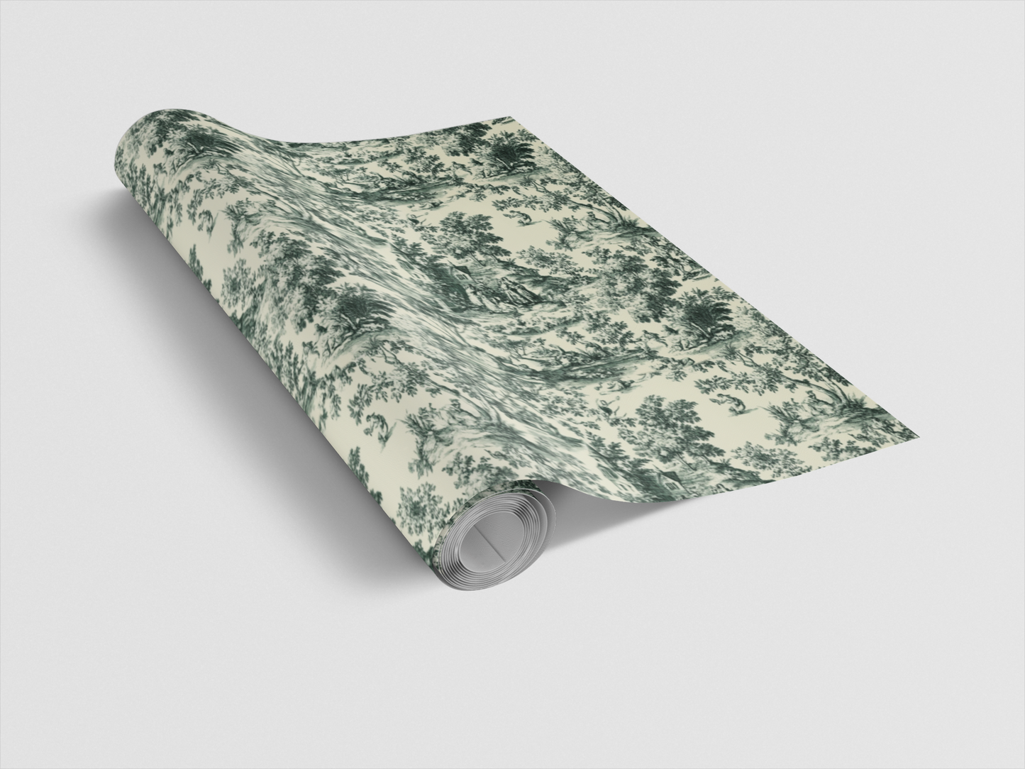 Roll of green and white floral wallpaper on a light gray background