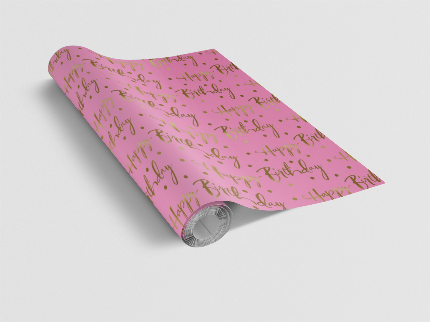 Roll of pink birthday-themed wrapping paper with gold text on a white background