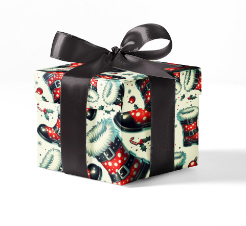 A gift box wrapped in custom wrapping paper with a pattern that includes shoes and decorative elements, tied with a black ribbon.