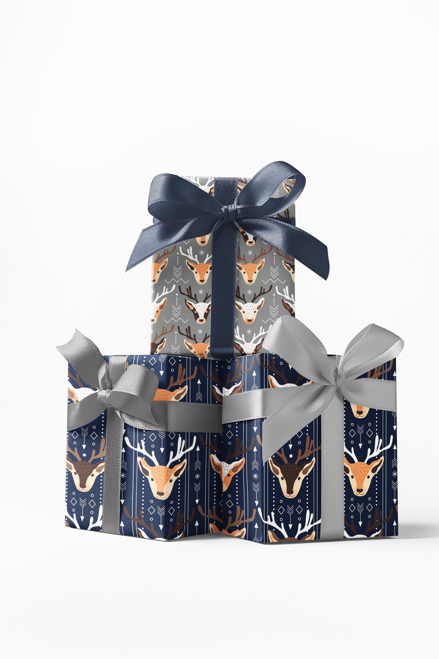 Custom wrapping paper with a deer pattern, displayed on gift boxes tied with blue and gray ribbons.