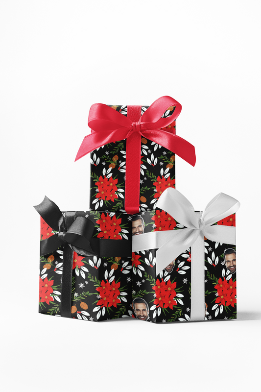 Custom wrapping paper with a black and red floral pattern, displayed on gift boxes with red and white ribbons.
