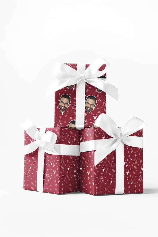 Custom wrapping paper with red background and white dots, displayed on gift boxes with white ribbons.