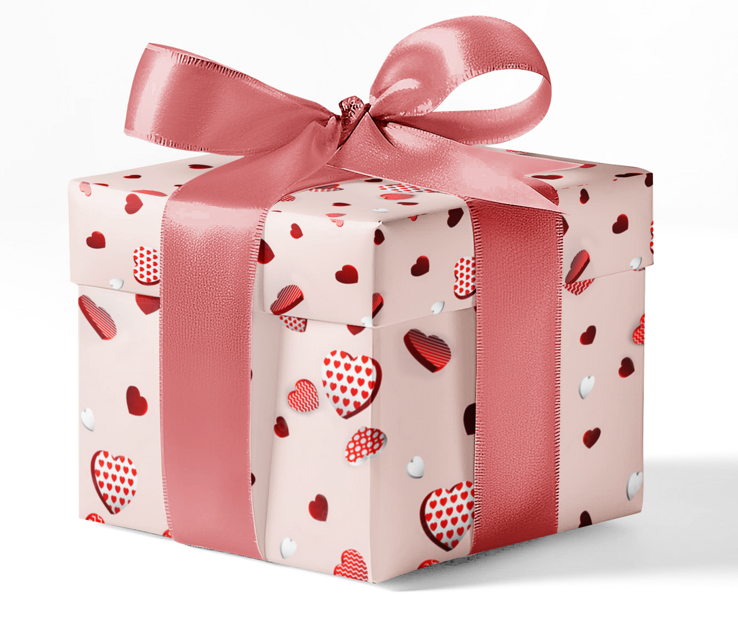 A gift box wrapped in customizable wrapping paper with a pattern of red and white hearts and a pink ribbon bow at the top.