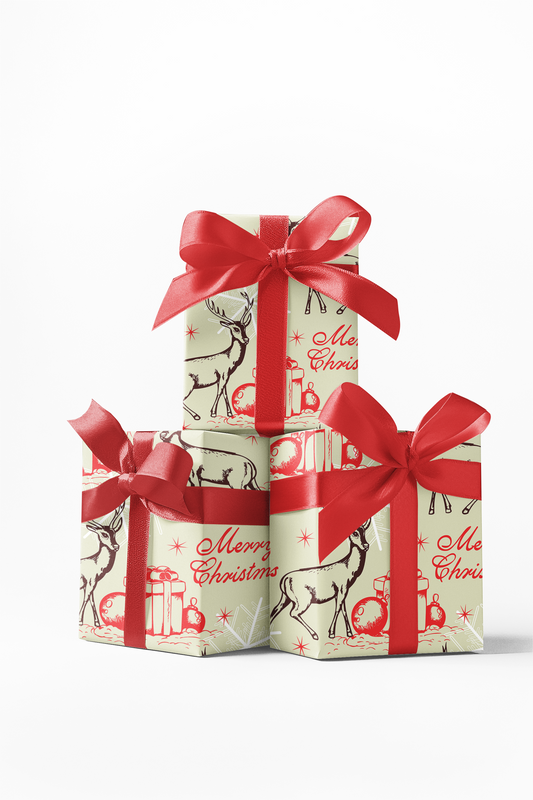 Three wrapped gifts with Christmas-themed wrapping paper featuring reindeer and the text 'Merry Christmas'. The gifts are tied with red ribbons.