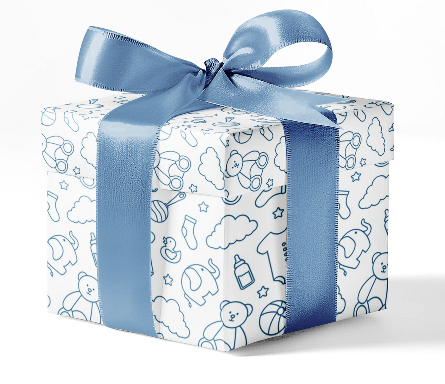 A gift box wrapped in custom wrapping paper with baby-themed patterns, such as bottles and teddy bears, and tied with a blue ribbon.