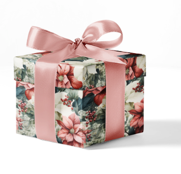 A gift box wrapped in custom wrapping paper with a floral pattern, tied with a pink ribbon.
