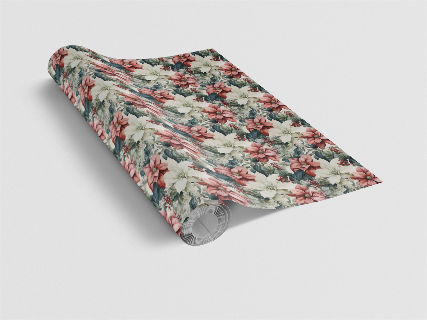 Roll of floral-patterned paper on a light gray background