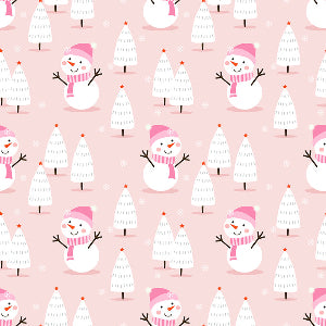 Pattern of snowmen and Christmas trees on a pink background