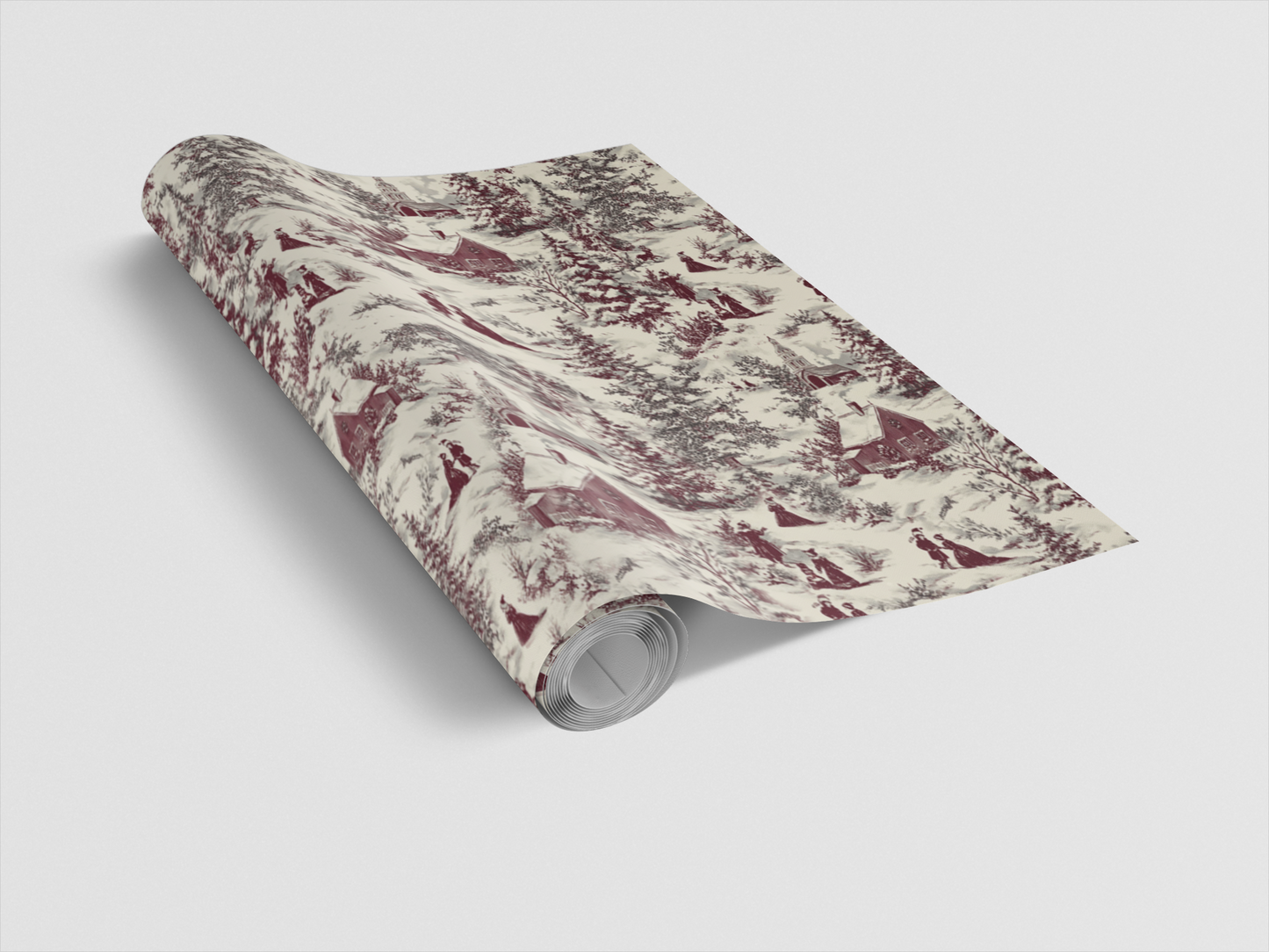 Roll of wallpaper with a floral pattern on a light gray background
