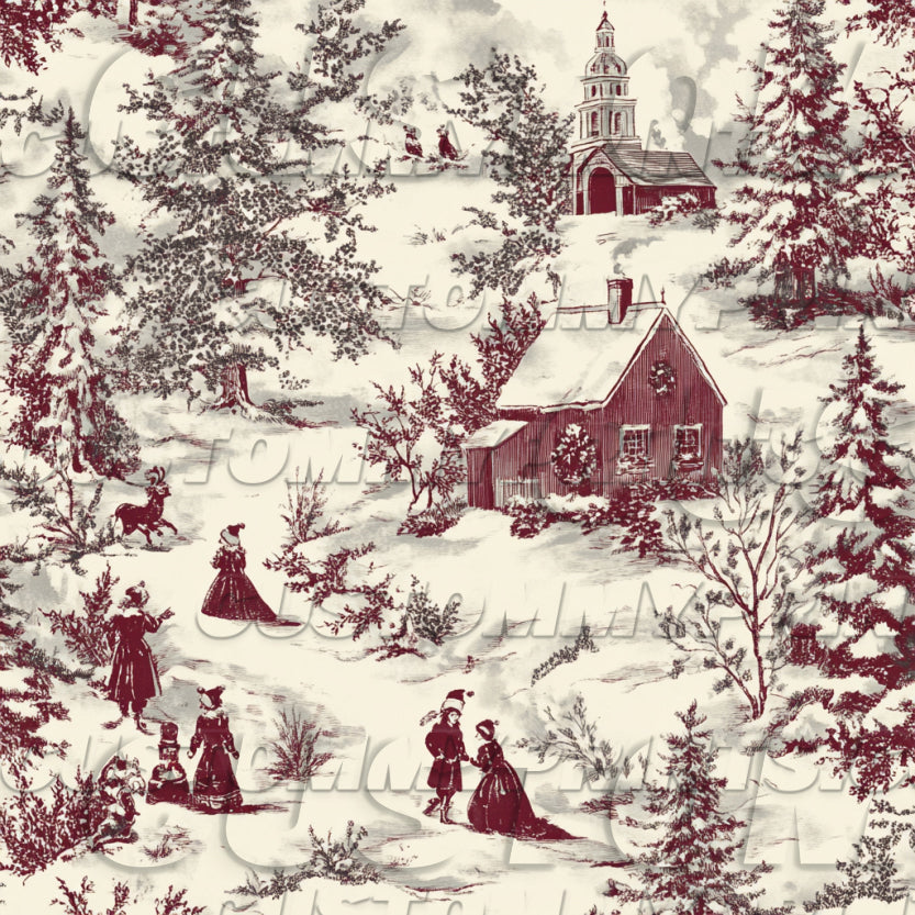 Vintage-style illustration of a snowy landscape with red buildings and people.