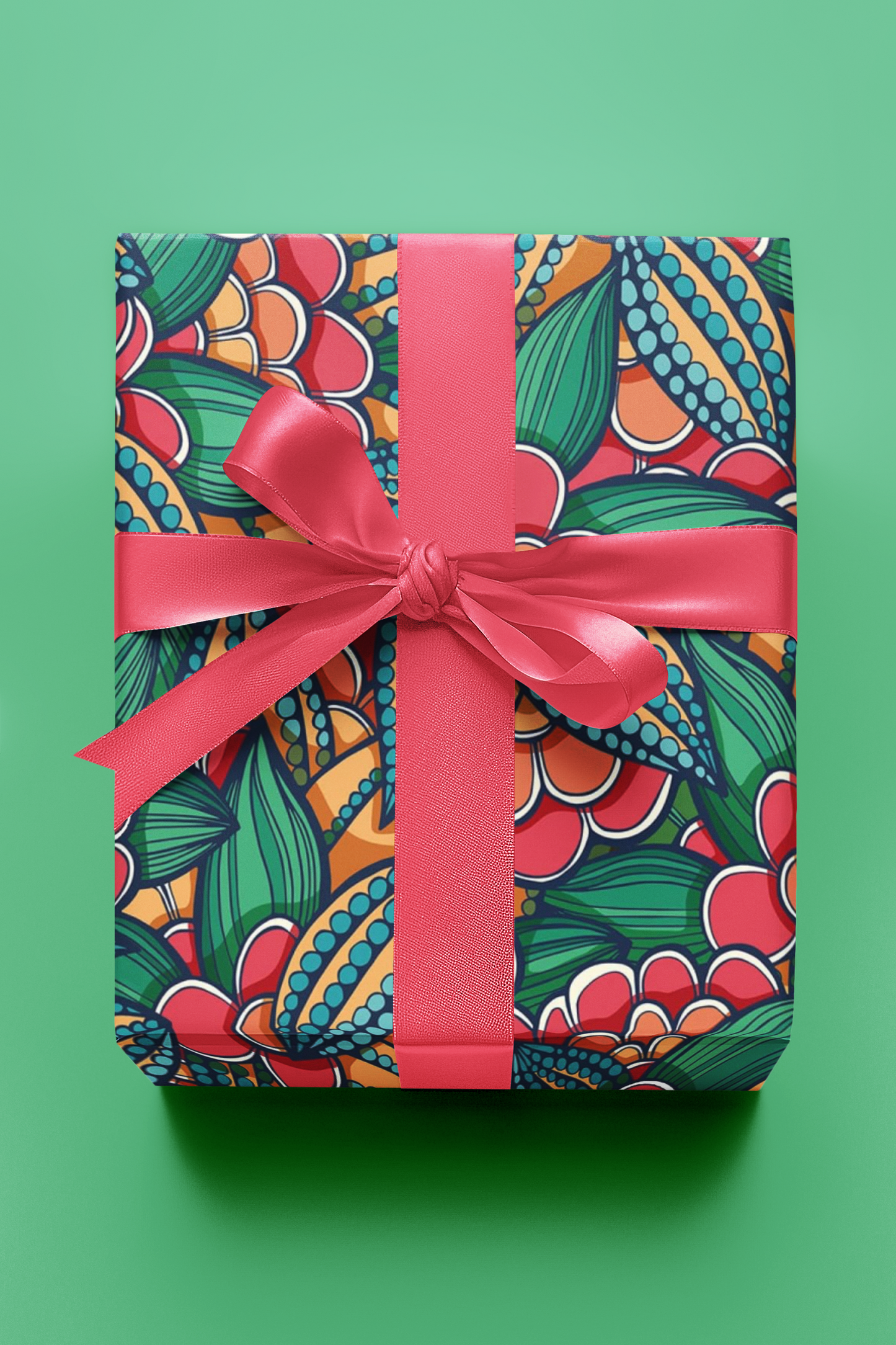 Gift box with leopard print pattern and teal ribbon on a light blue background