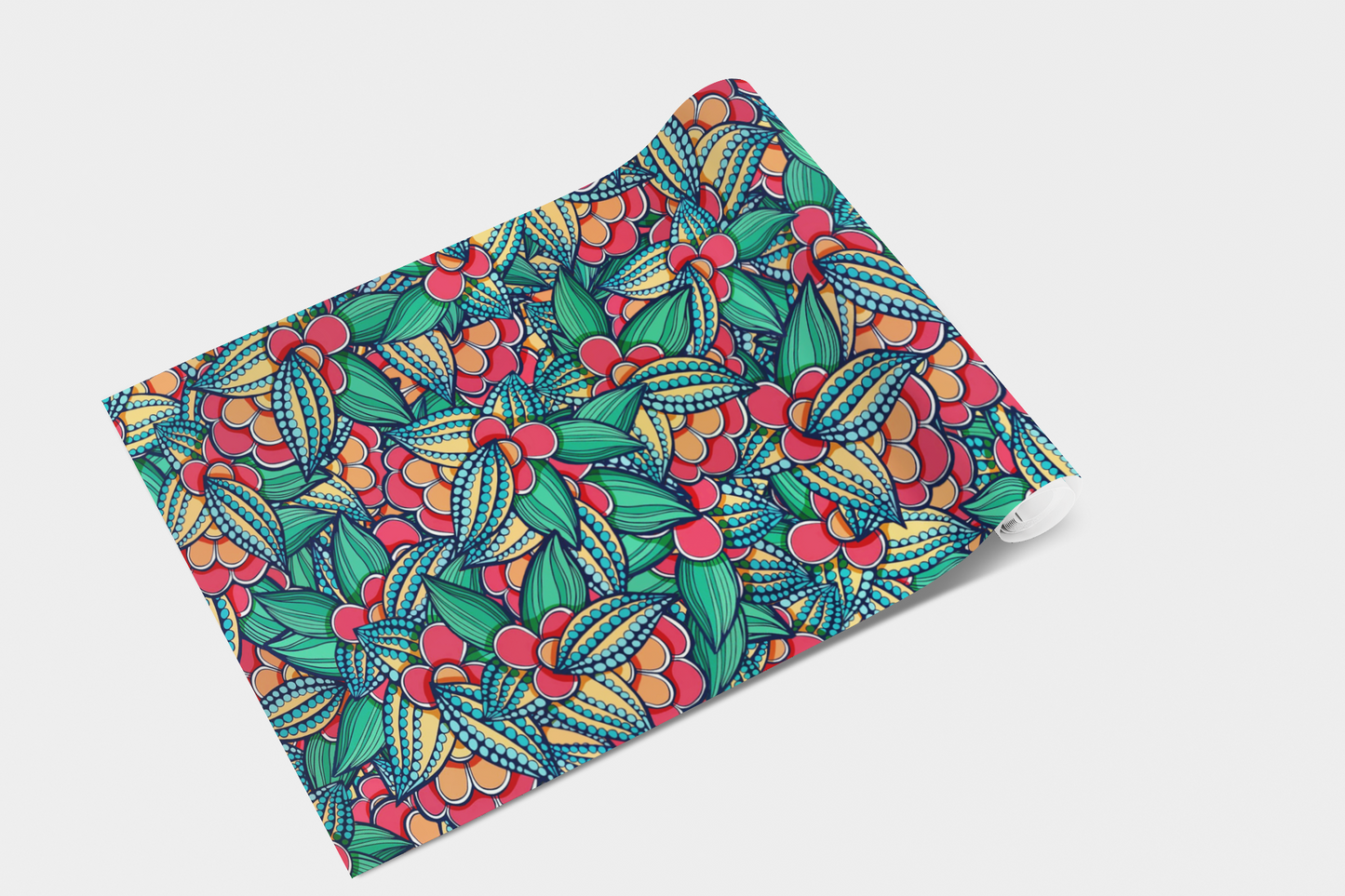 Folded fabric with black floral pattern on a beige background