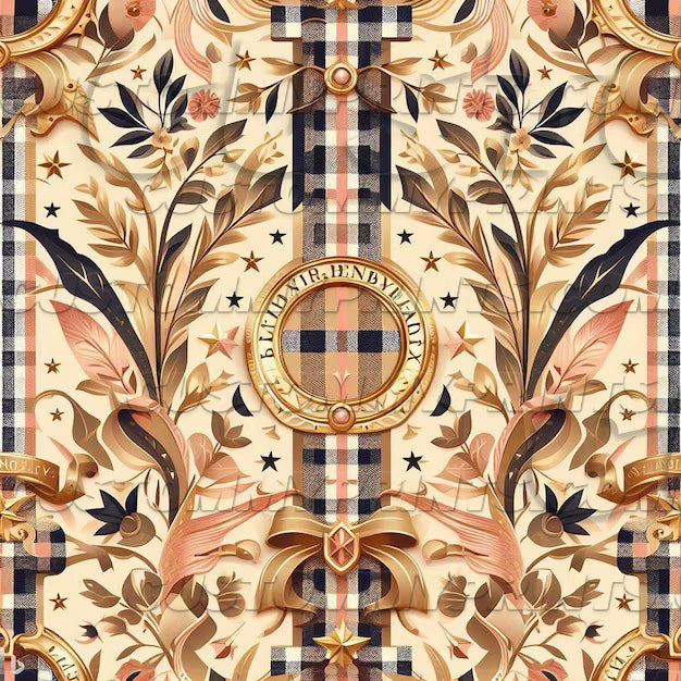 Decorative pattern with gold accents, plaid design, and 'Burberry' branding.
