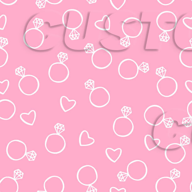 Pattern of wedding rings and hearts on a pink background with 'LOVE' text.