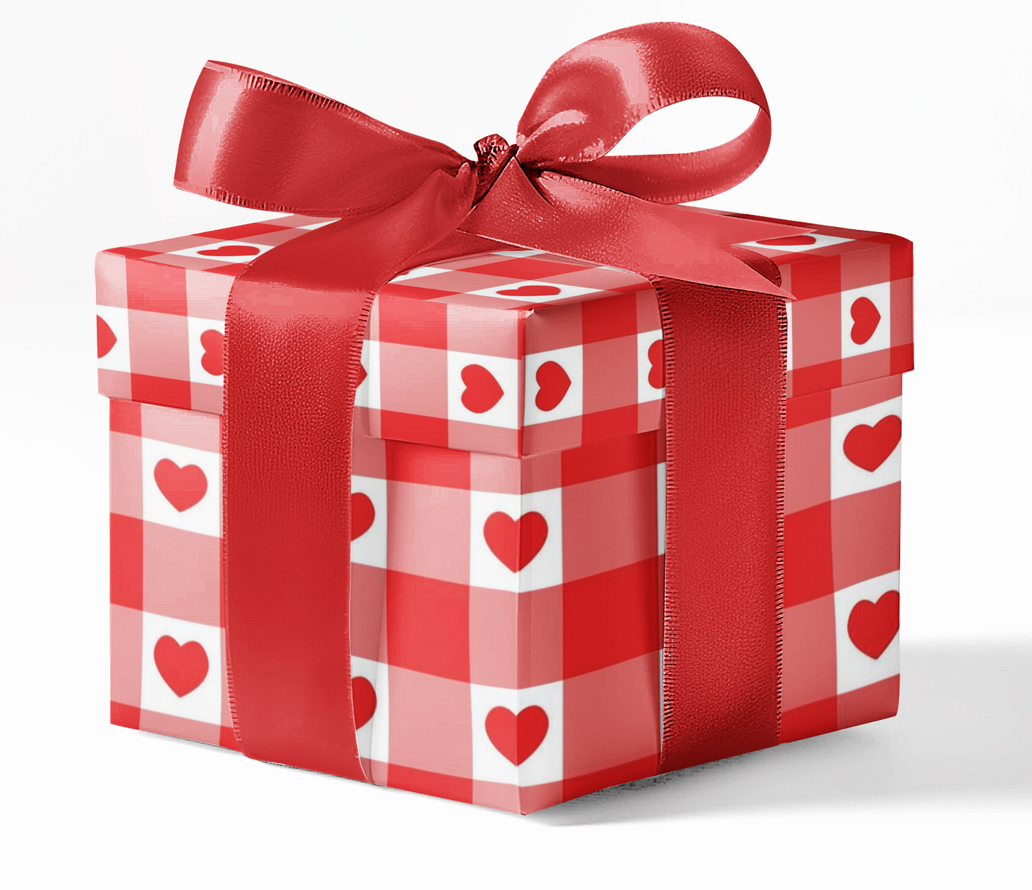 Red and white checkered gift box with heart patterns and a red ribbon on a white background