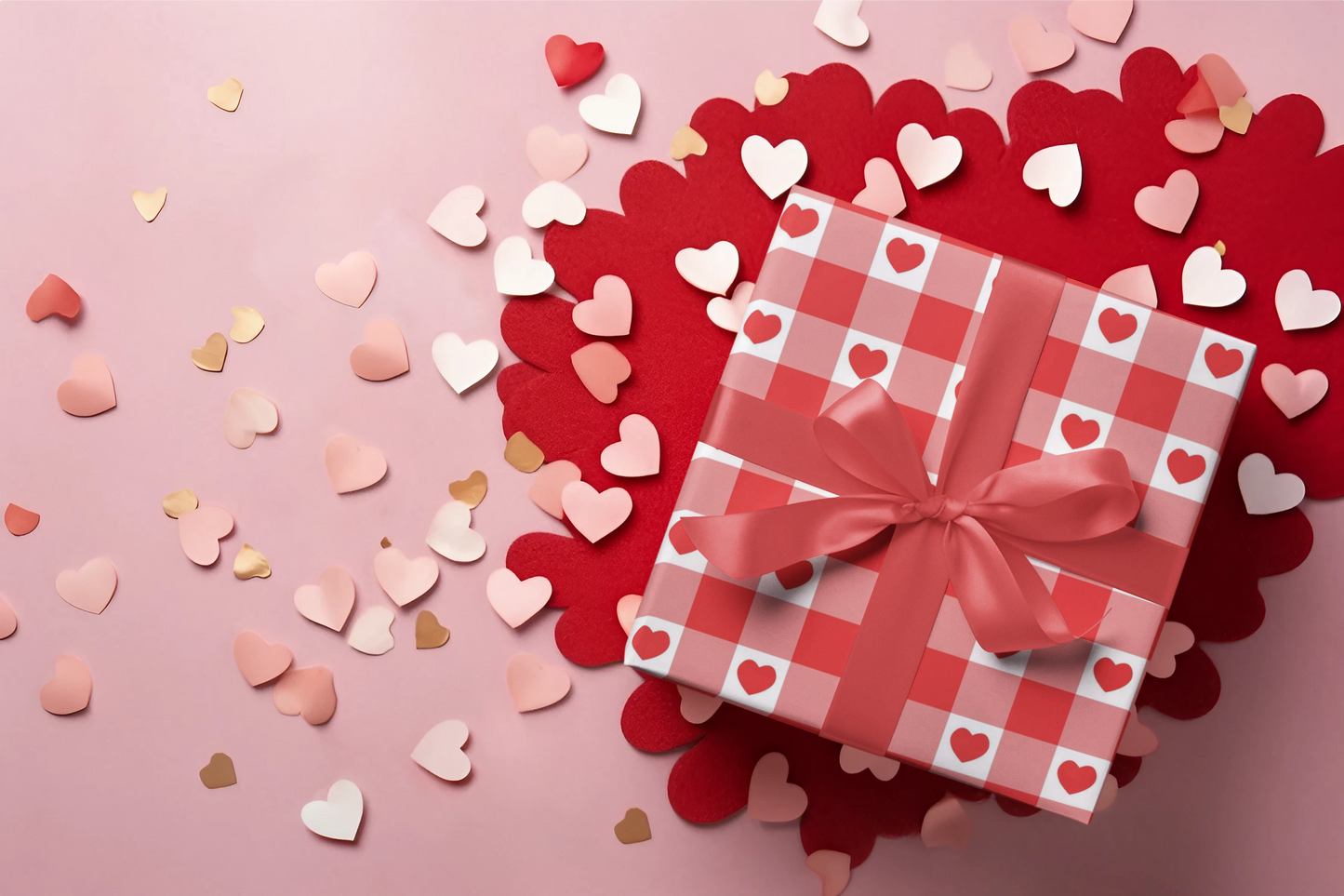 Red and white checkered gift box with a bow on a pink background with heart shapes