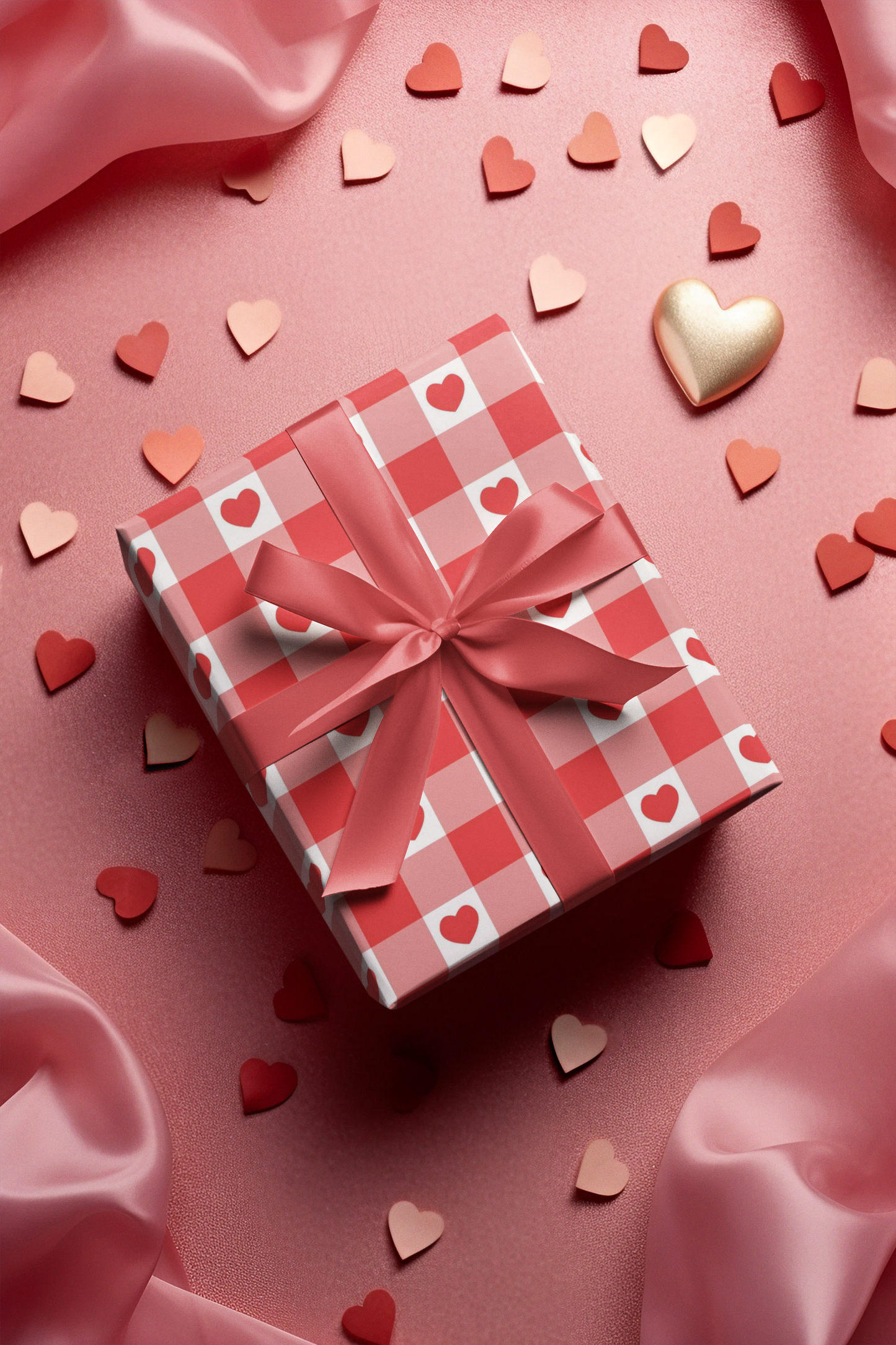 Gift box with a red and white checkered pattern and pink ribbon on a pink background with heart decorations.