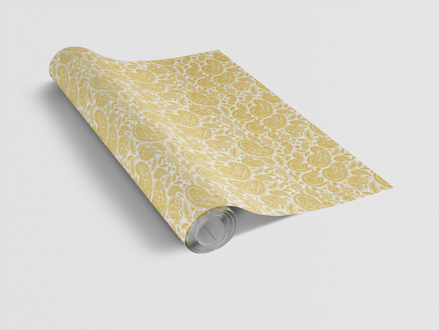 Roll of yellow patterned wallpaper on a white background