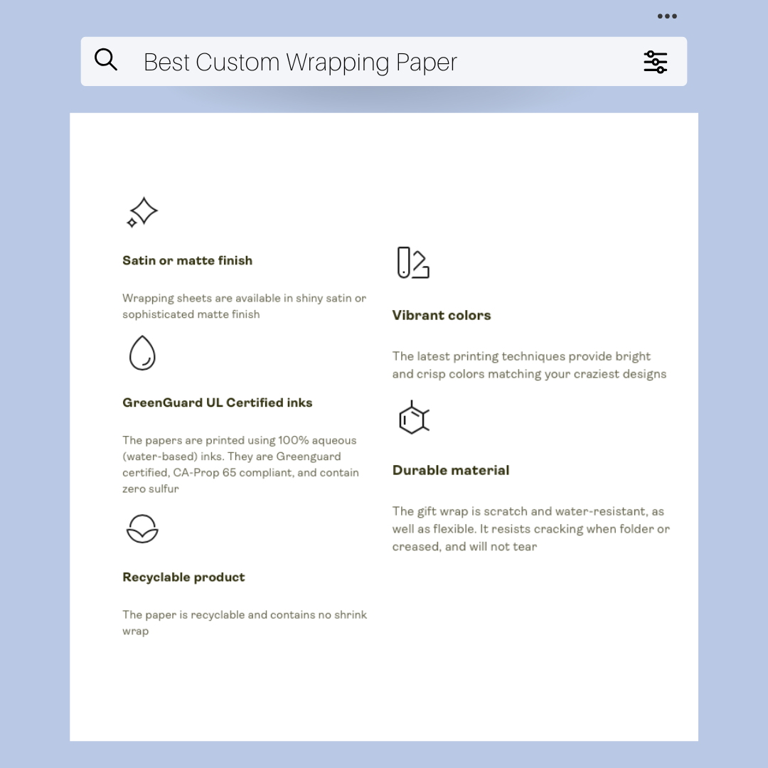 Screen displaying features of best custom wrapping paper on a light blue background