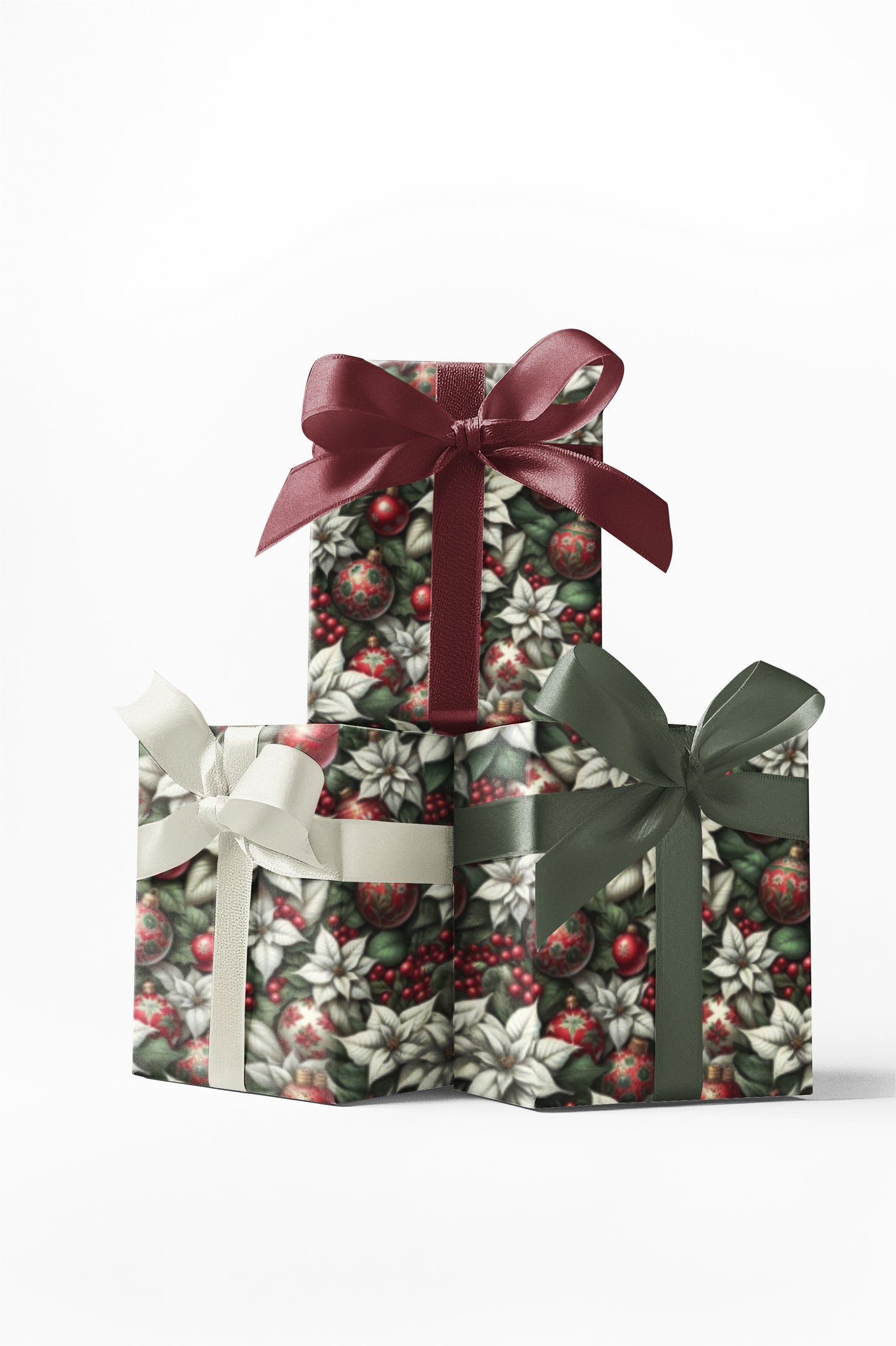 Stack of three gift boxes with floral patterns and ribbons on a white background
