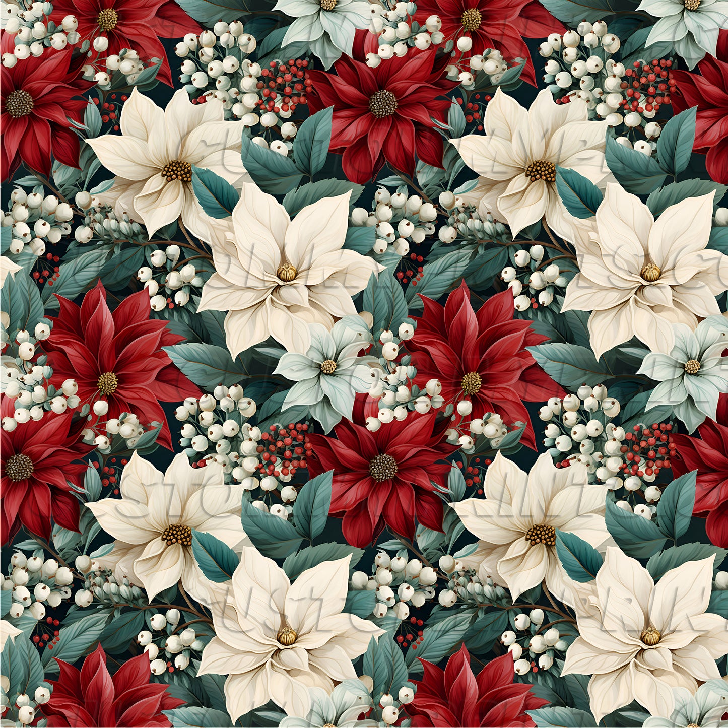 Pattern of red, white, and green flowers with berries on a floral background
