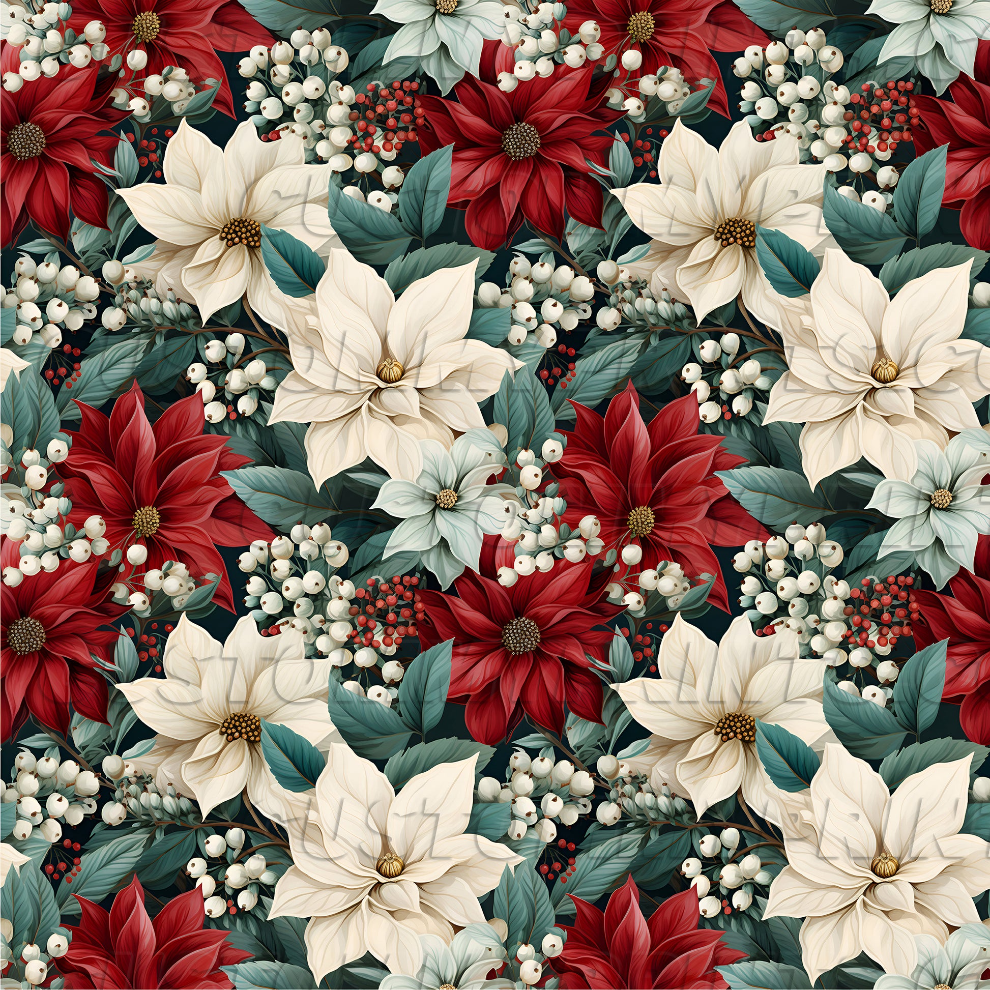 Pattern of red, white, and green flowers with berries on a floral background