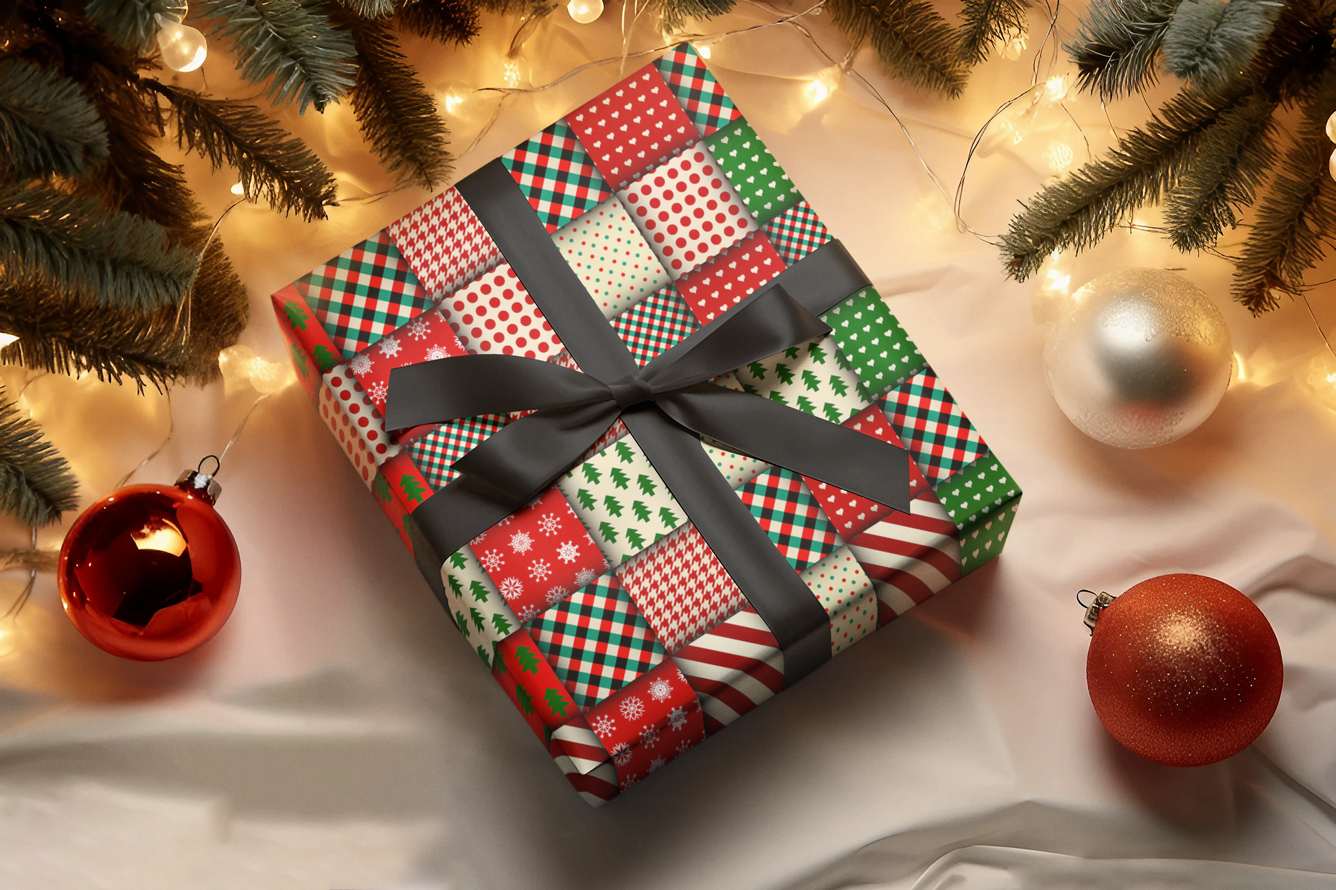 Gift box wrapped in colorful paper with a black ribbon, surrounded by Christmas decorations.