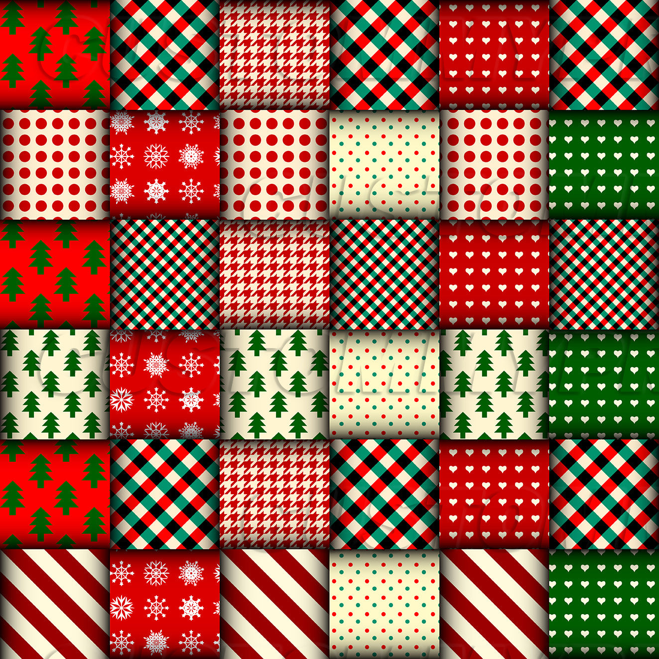 Patterned fabric swatch collection with Christmas-themed designs including trees, snowflakes, and plaid.