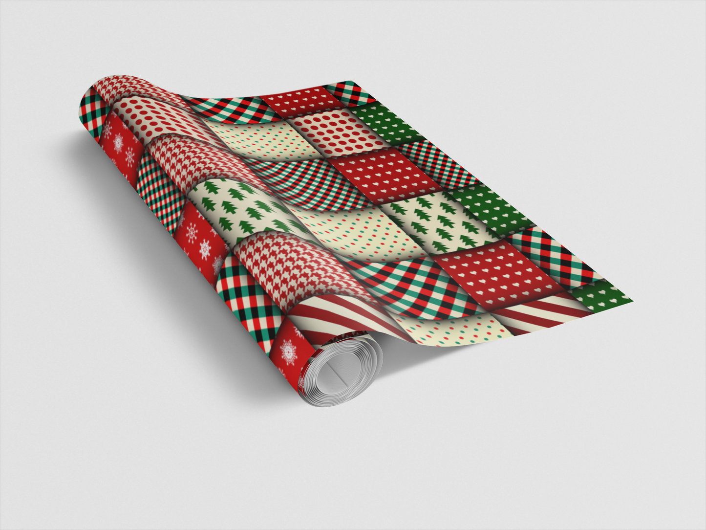 Roll of Christmas-themed patterned wrapping paper on a light gray background