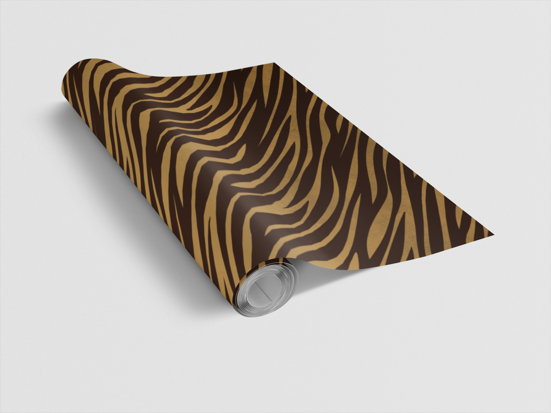 Roll of brown and beige zebra patterned paper on a white background