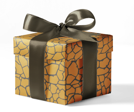 A gift box wrapped in custom wrapping paper with a geometric animal print pattern, tied with a dark ribbon.