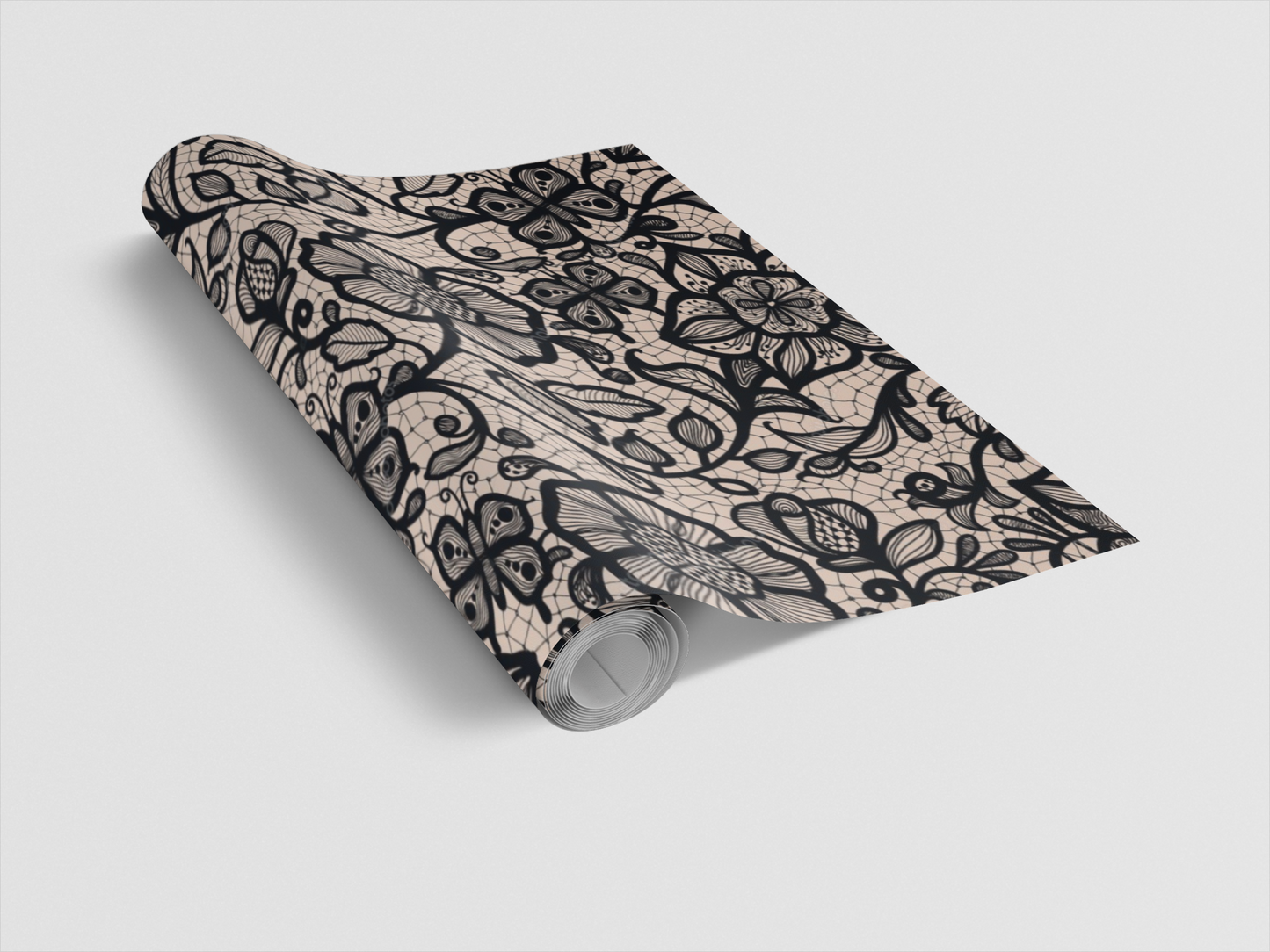 Roll of wallpaper with black floral pattern on a white background