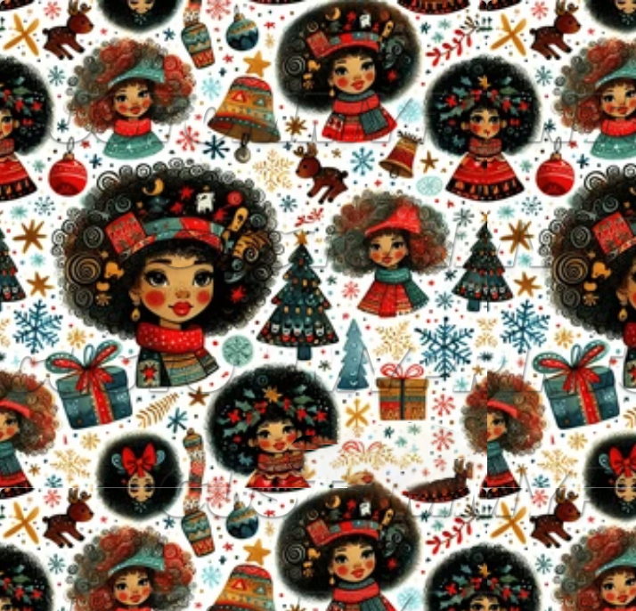 Pattern of illustrated characters with Christmas elements on a white background