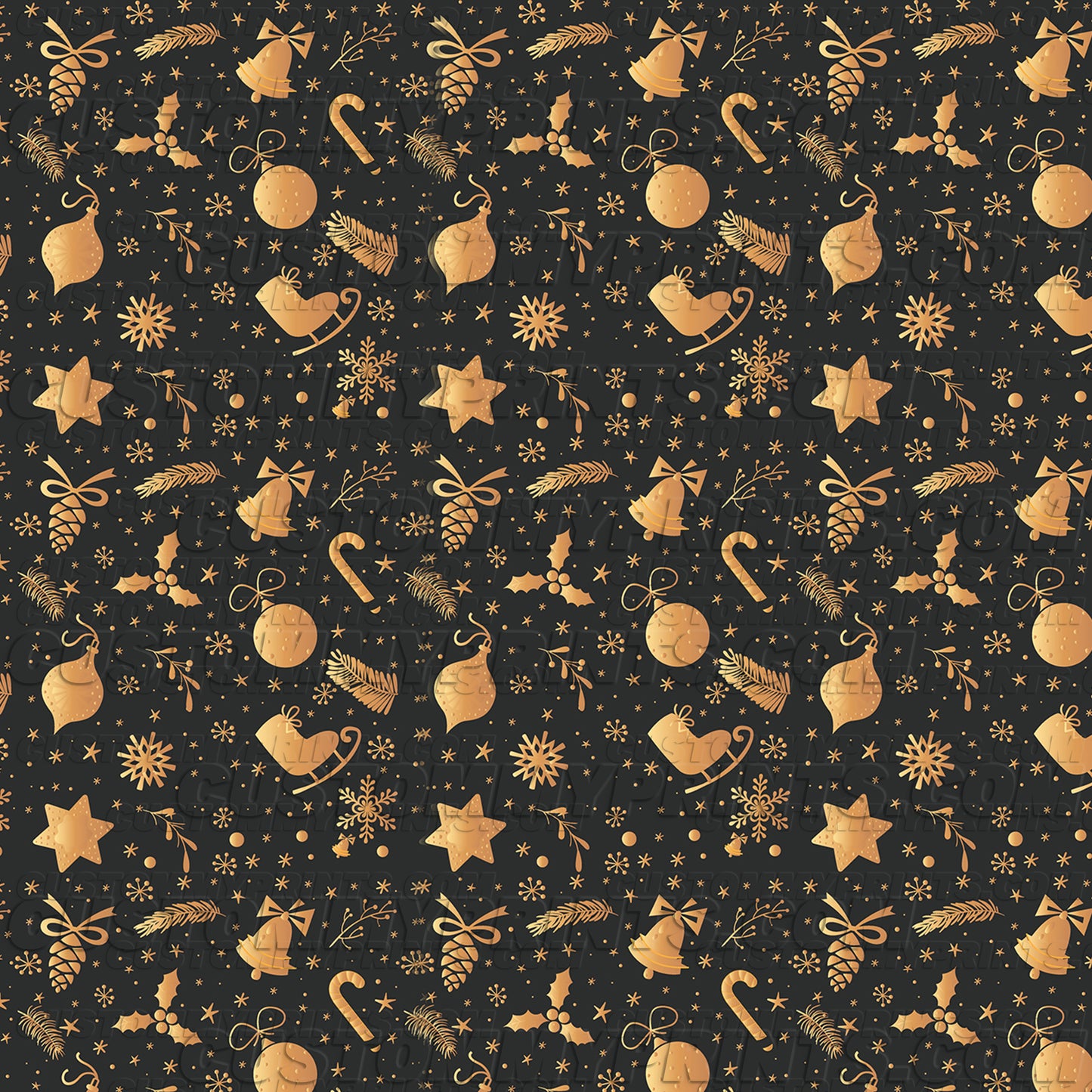 Gold Christmas ornaments and decorations on a dark background