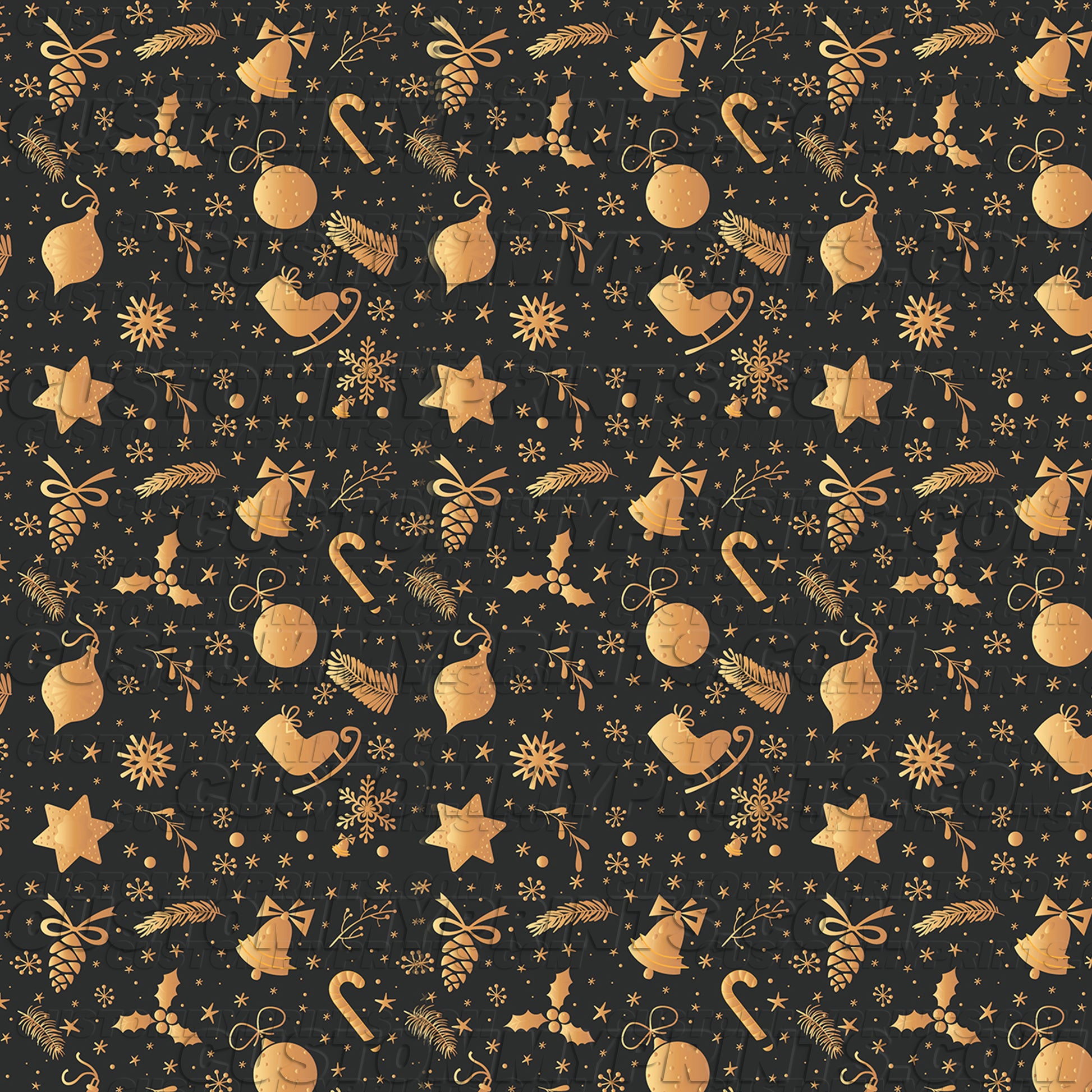 Gold Christmas ornaments and decorations on a dark background