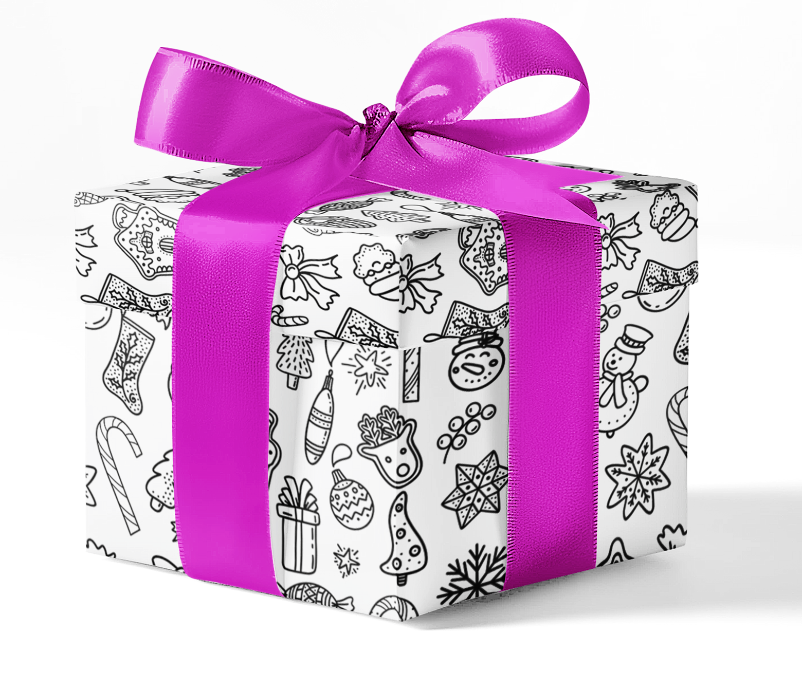 A gift box wrapped in black and white custom wrapping paper with various holiday-themed illustrations, tied with a purple ribbon.