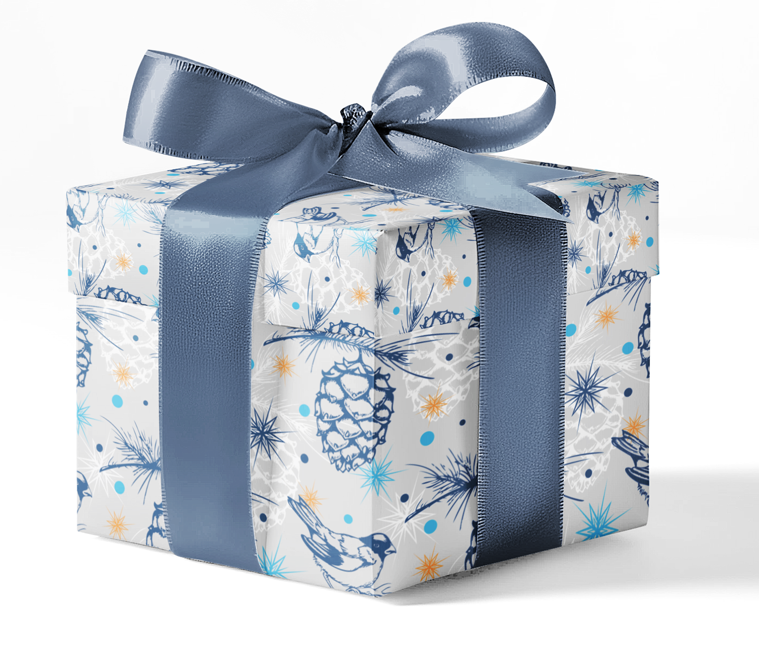 A gift box wrapped in custom wrapping paper with a blue ribbon. The wrapping paper features a pattern with birds and abstract designs.